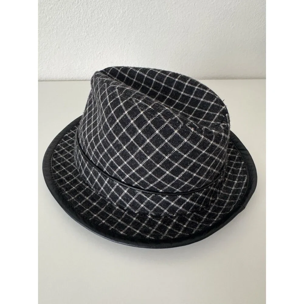 Perry Ellis Fedora Trilby Hat S/M Black Gray Plaid Wool Blend